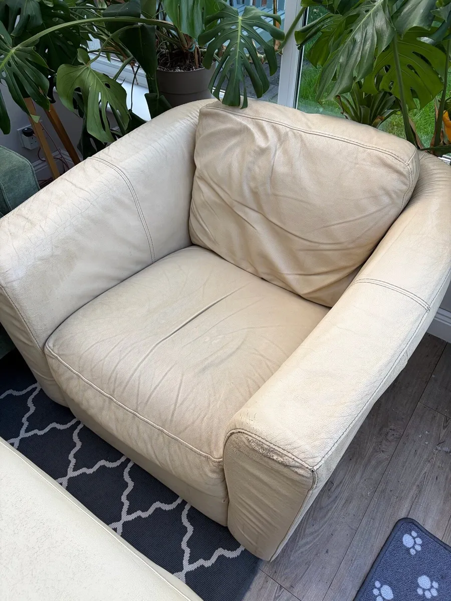Cream Leather Armchair and Pouffe - Image 2