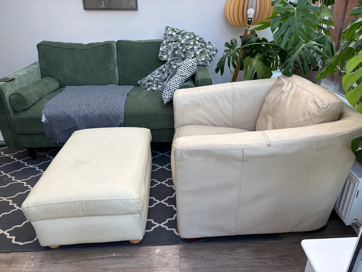 Cream Leather Armchair and Pouffe - Image 4
