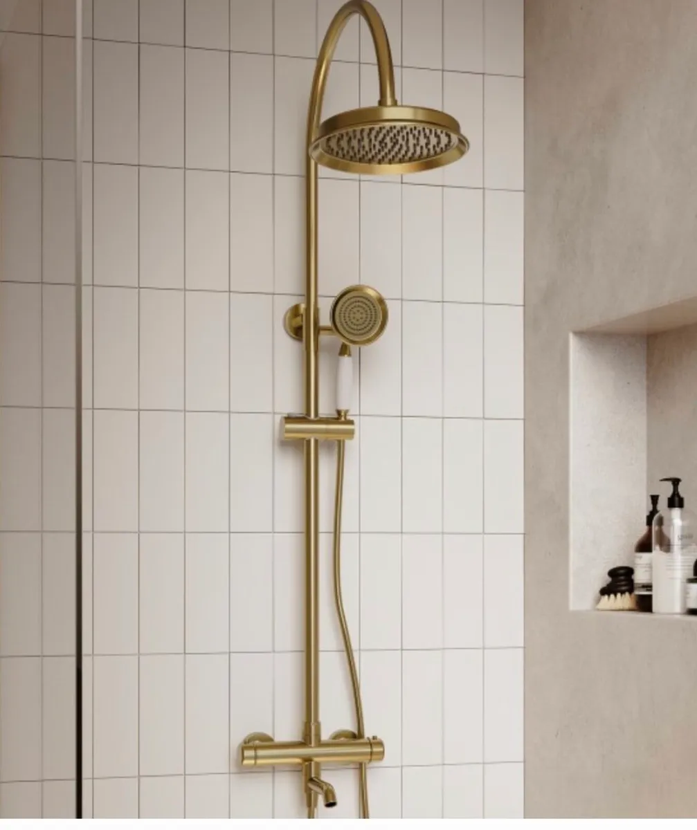 Brushed Brass Shower with Bar Valve & Bath Spout - Image 1