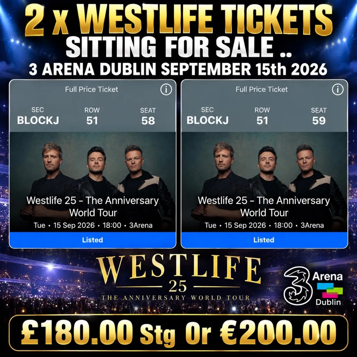 2 x Westlife Tickets Sitting