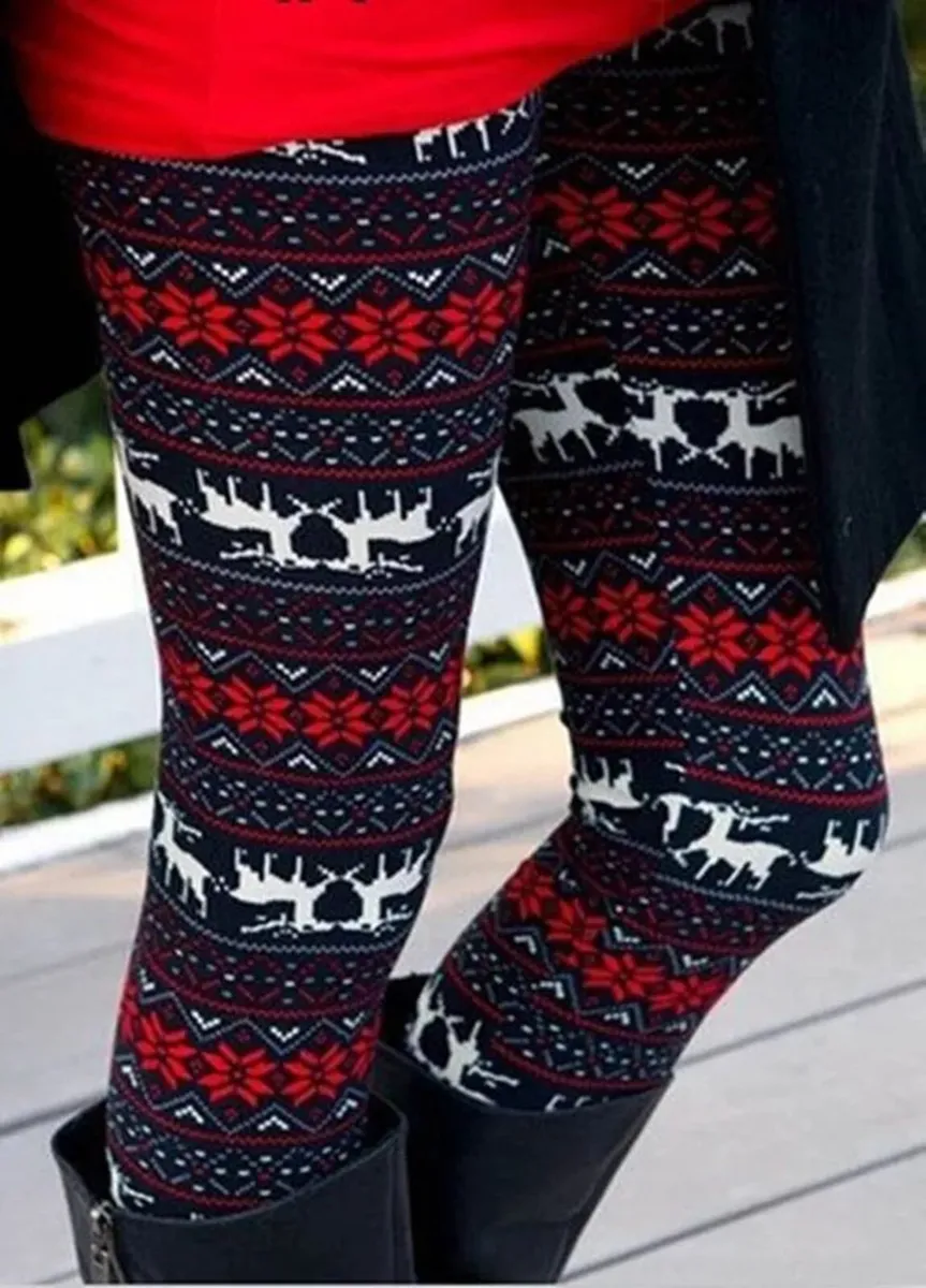 Black Red Reindeer Snowflake High Waisted Legins - Image 1