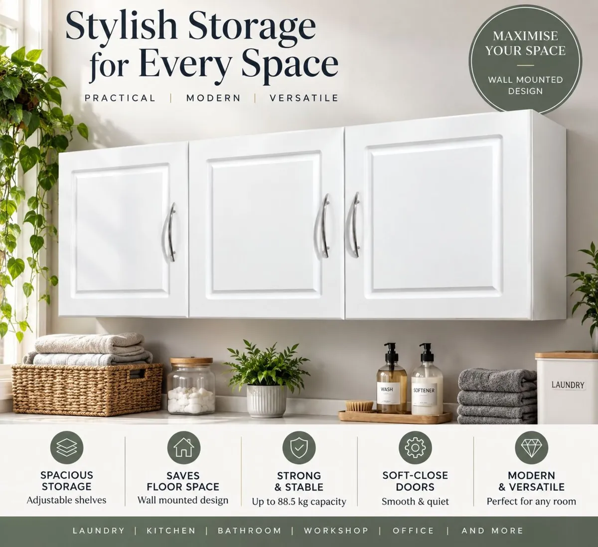 Wall-Mounted 3 Door Storage Cabinet – White 137cm - Image 1