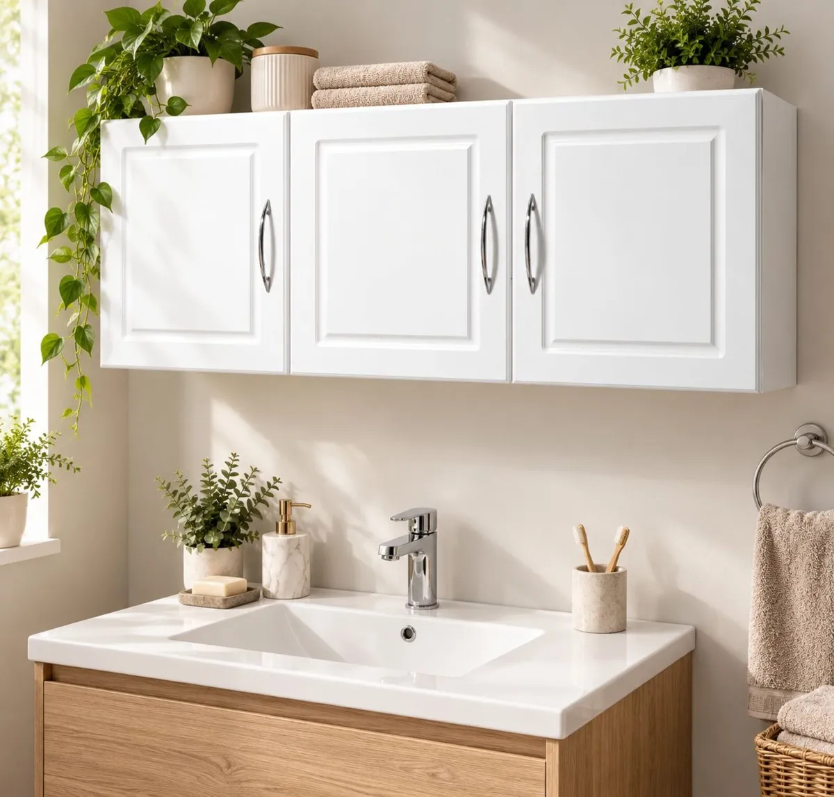Wall-Mounted 3 Door Storage Cabinet – White 137cm - Image 2