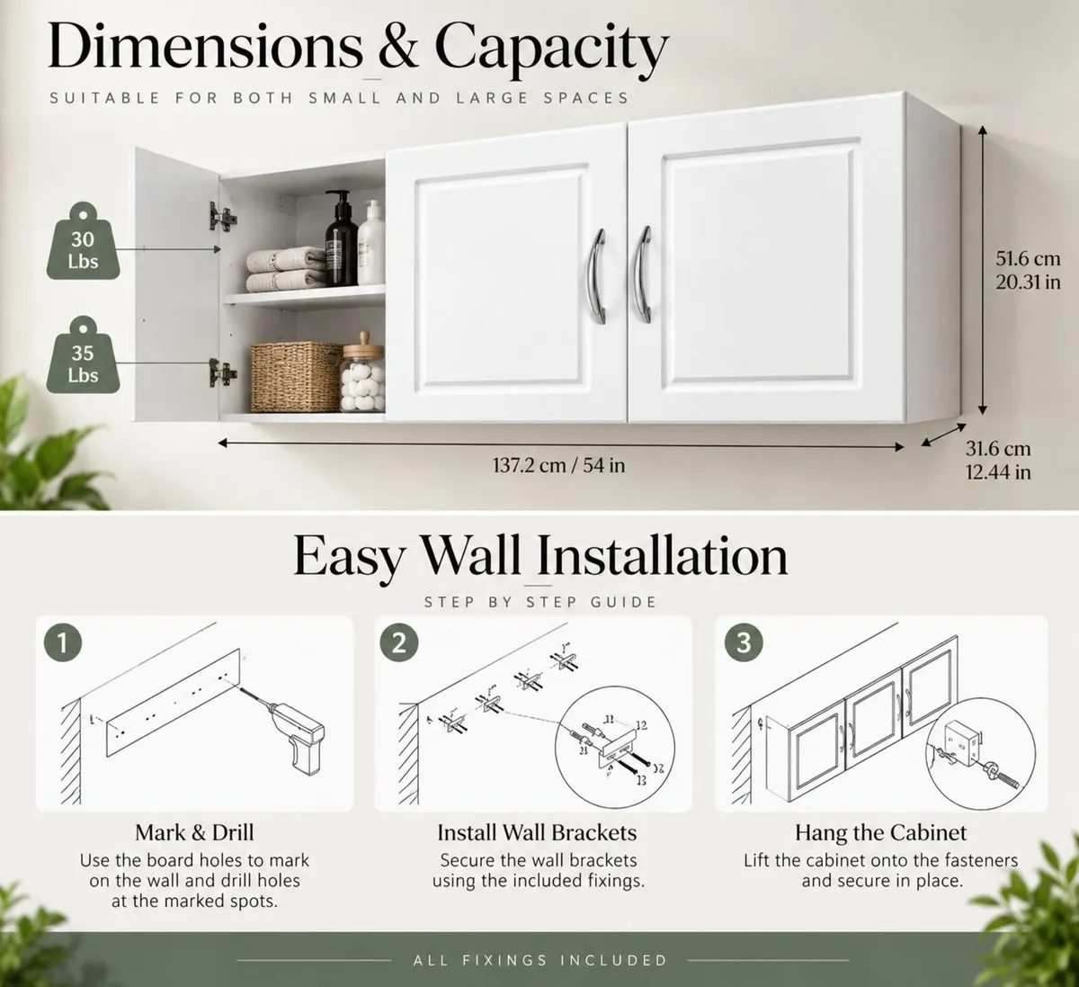 Wall-Mounted 3 Door Storage Cabinet – White 137cm - Image 3