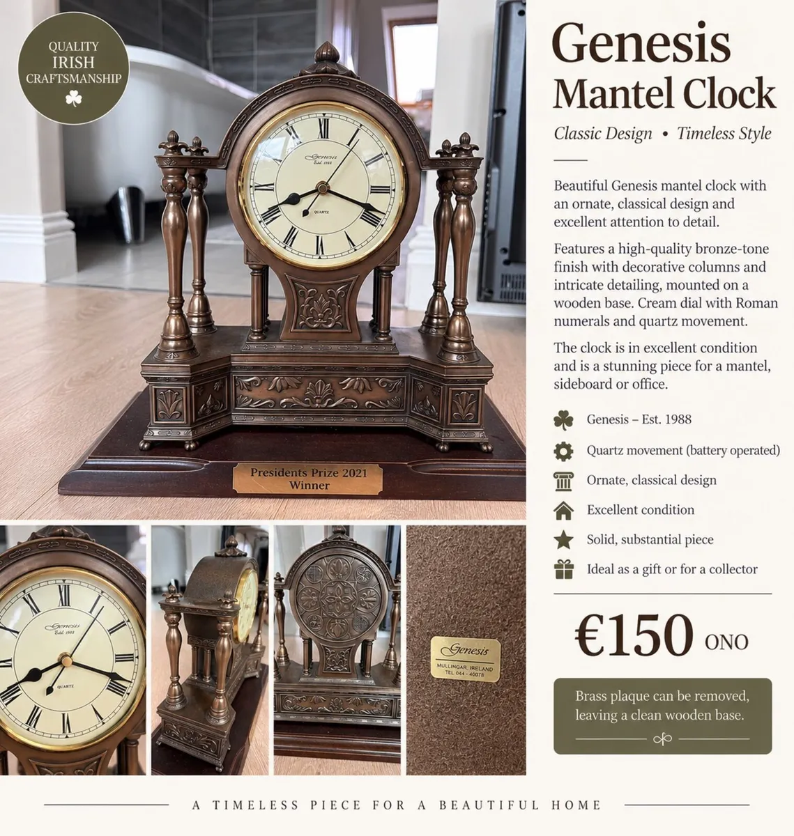 Genesis Fine Arts Cold Cast Ornate Mantel Clock - Image 1