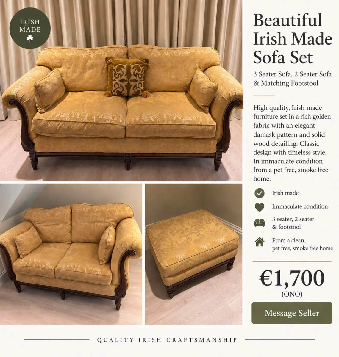 Quality Irish-Made 3 & 2 Seater Sofa & Footstool - Image 1