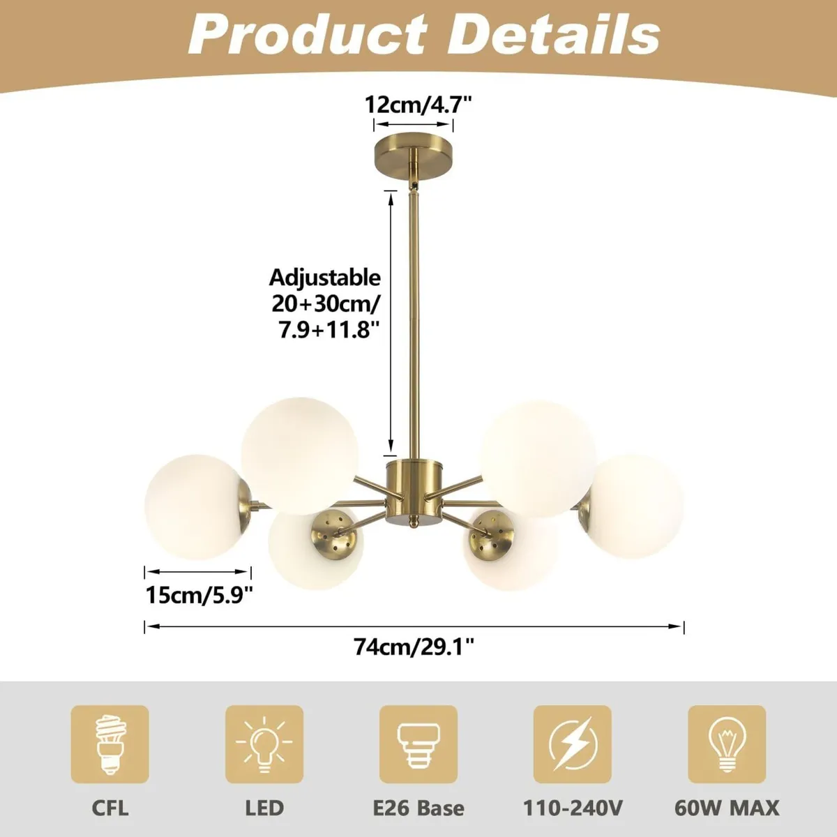 Lighting Mid Century Sputnik Chandelier 6-Light - Image 2