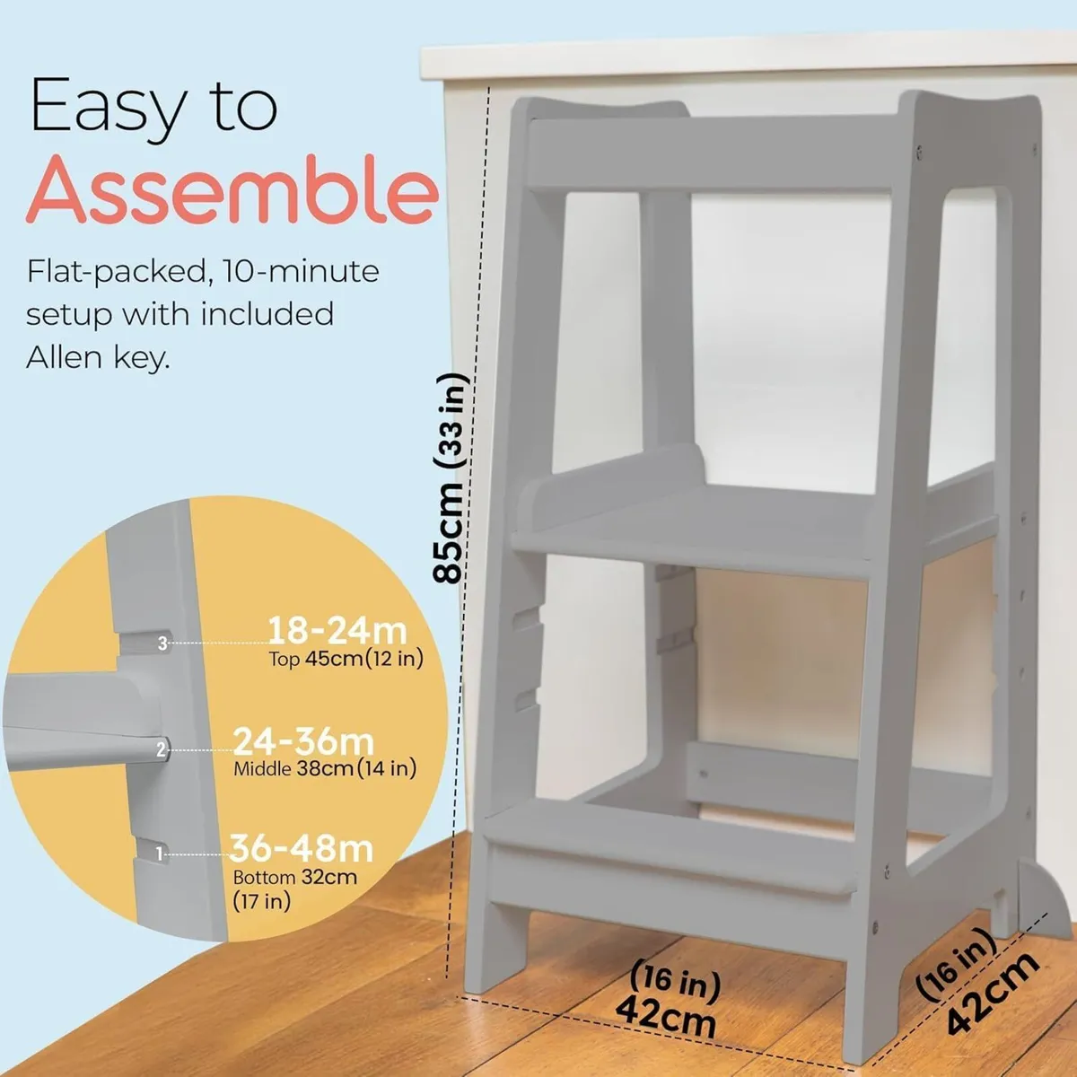 Toddler Tower 3-Level Adjustable Wooden Step Stool - Image 4