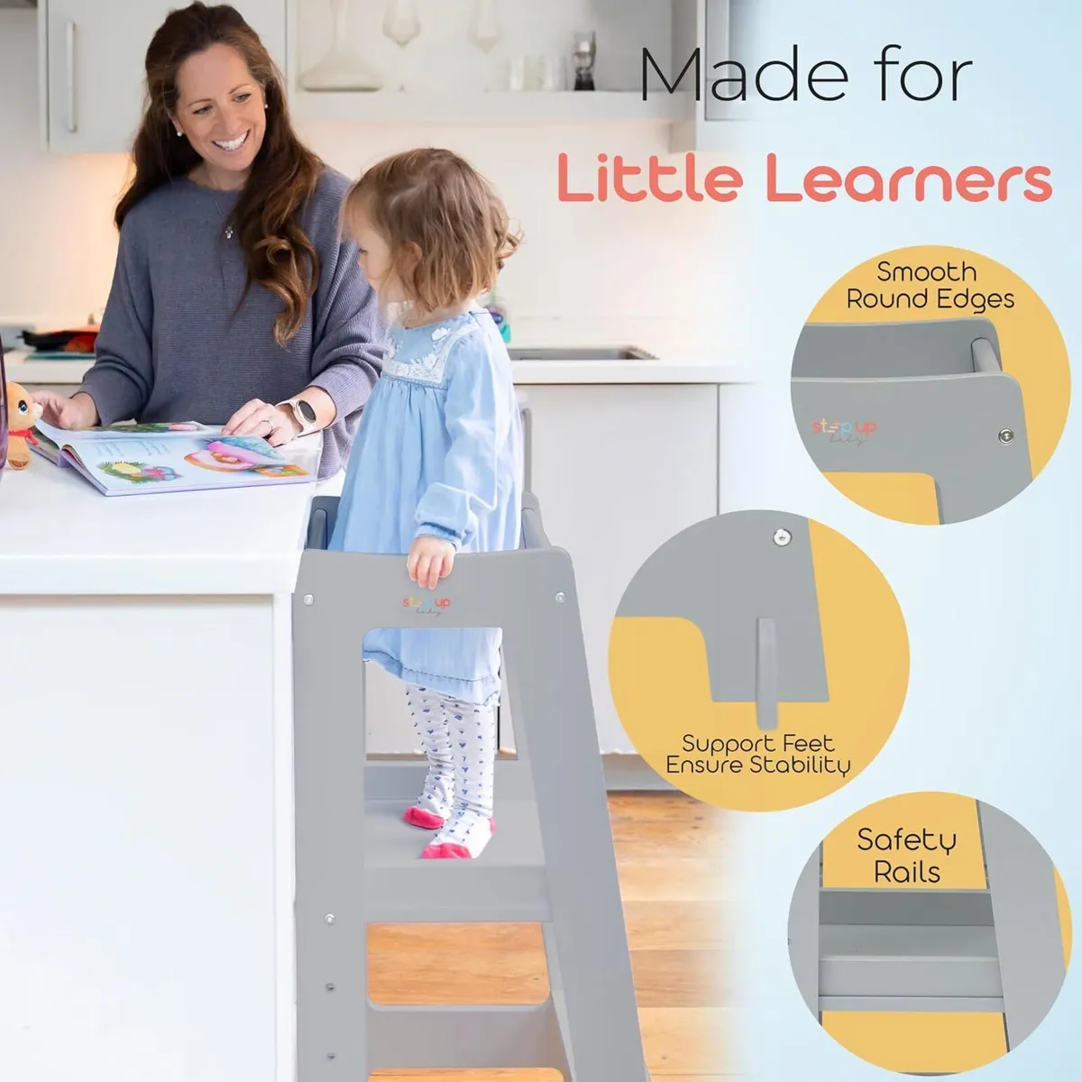 Toddler Tower 3-Level Adjustable Wooden Step Stool - Image 3