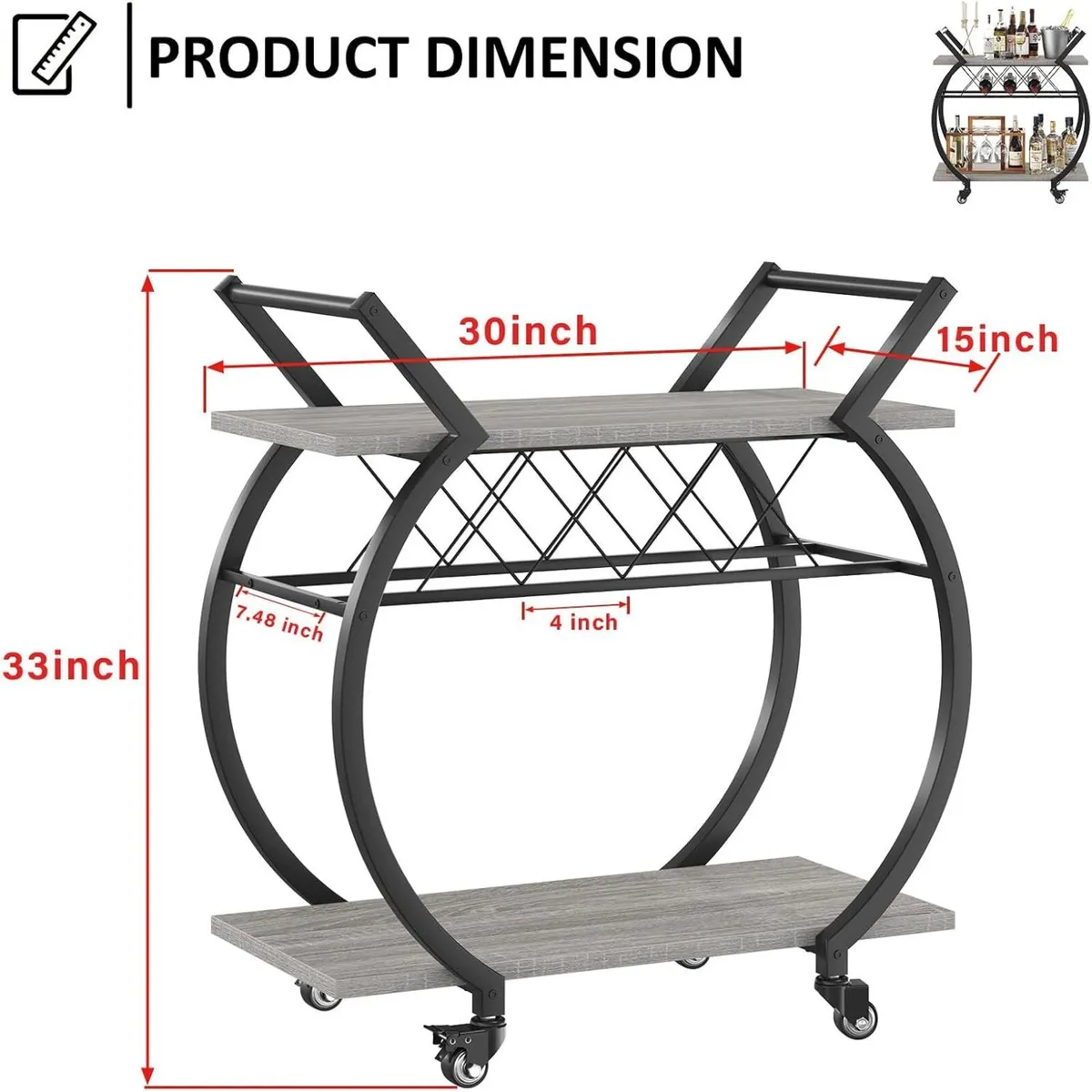 Drinks Trolley on Wheels Bar Cart with Wine - Image 2