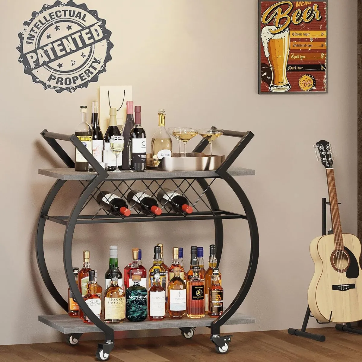 Drinks Trolley on Wheels Bar Cart with Wine - Image 3