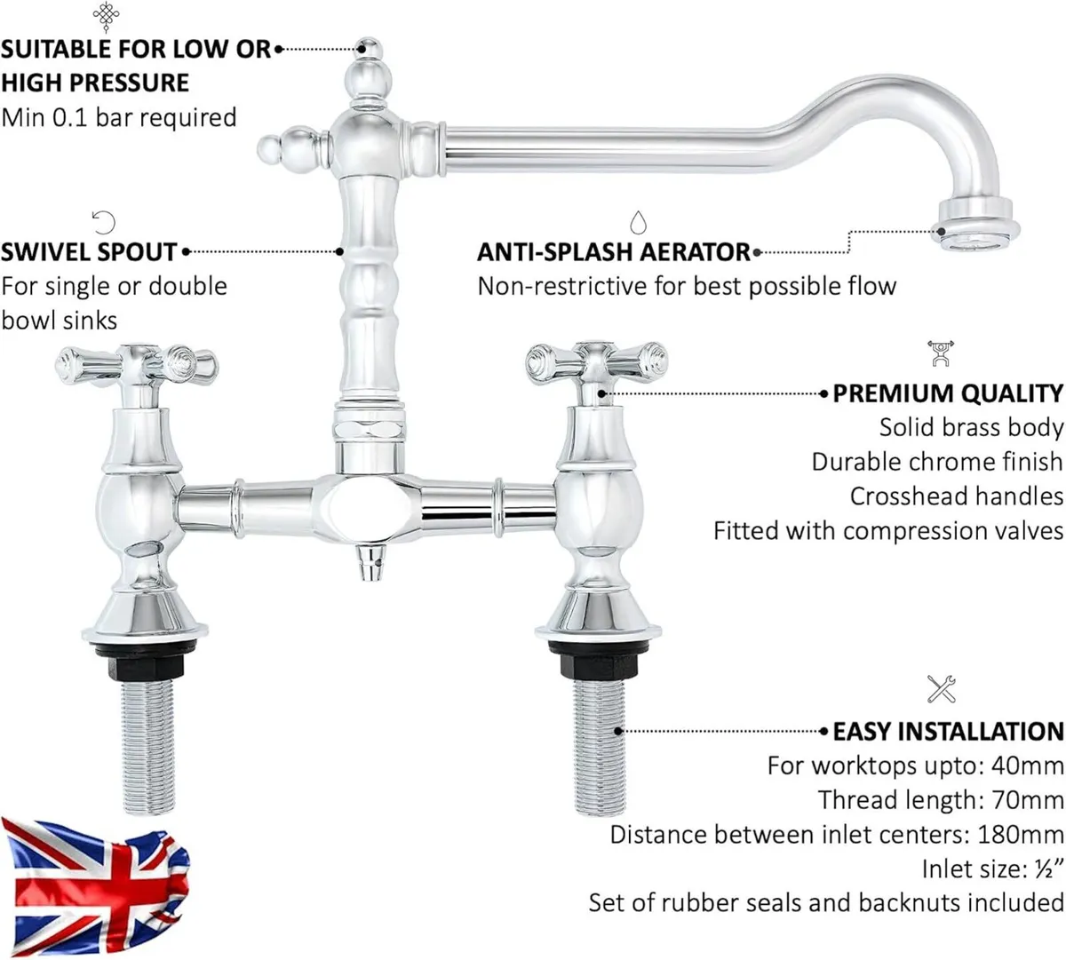Langley Bridge Traditional Kitchen Tap Brushed - Image 3