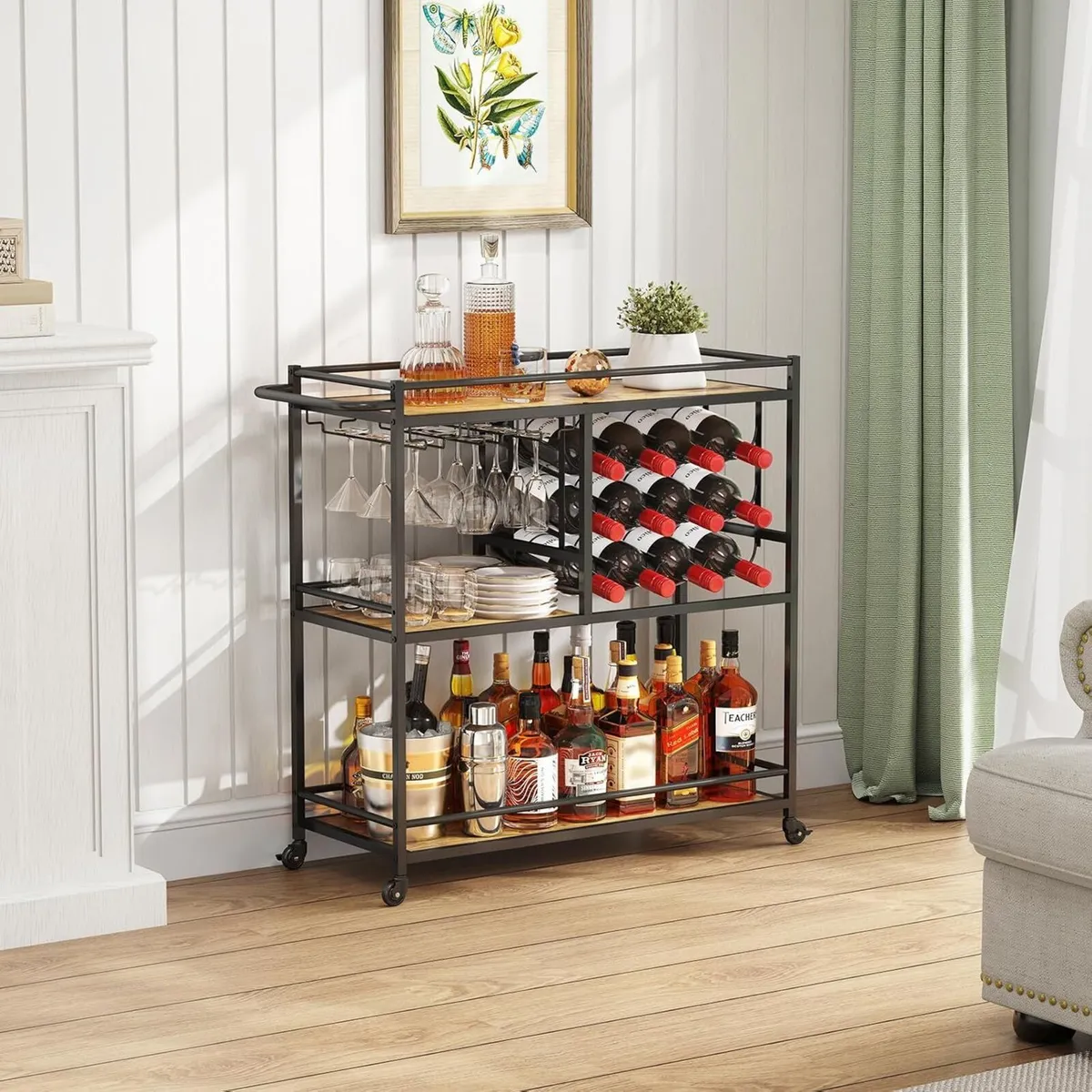 3 Tier Drinks Trolley with Lockable Wheels Rustic - Image 3