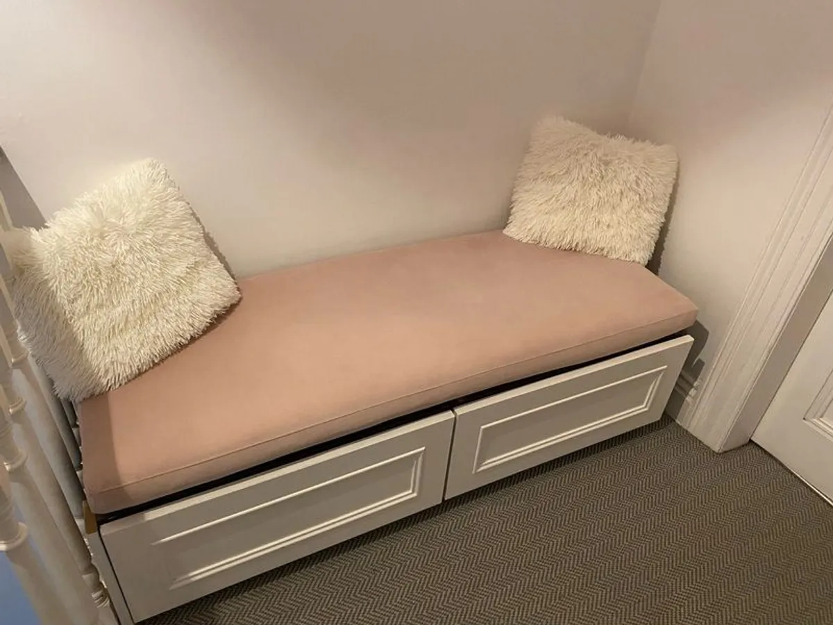 handmade storage bench/window seat with two large built-in drawers and a comfortable upholstered cushion - Image 1