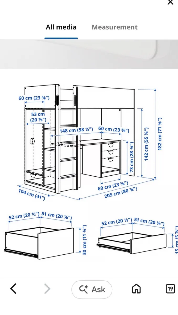 Loft high sleeper with wardrobe desk drawers and b - Image 3