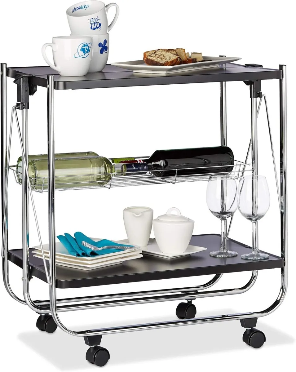 Foldable Serving Trolley 4 Wheels 2 Shelves Basket - Image 1