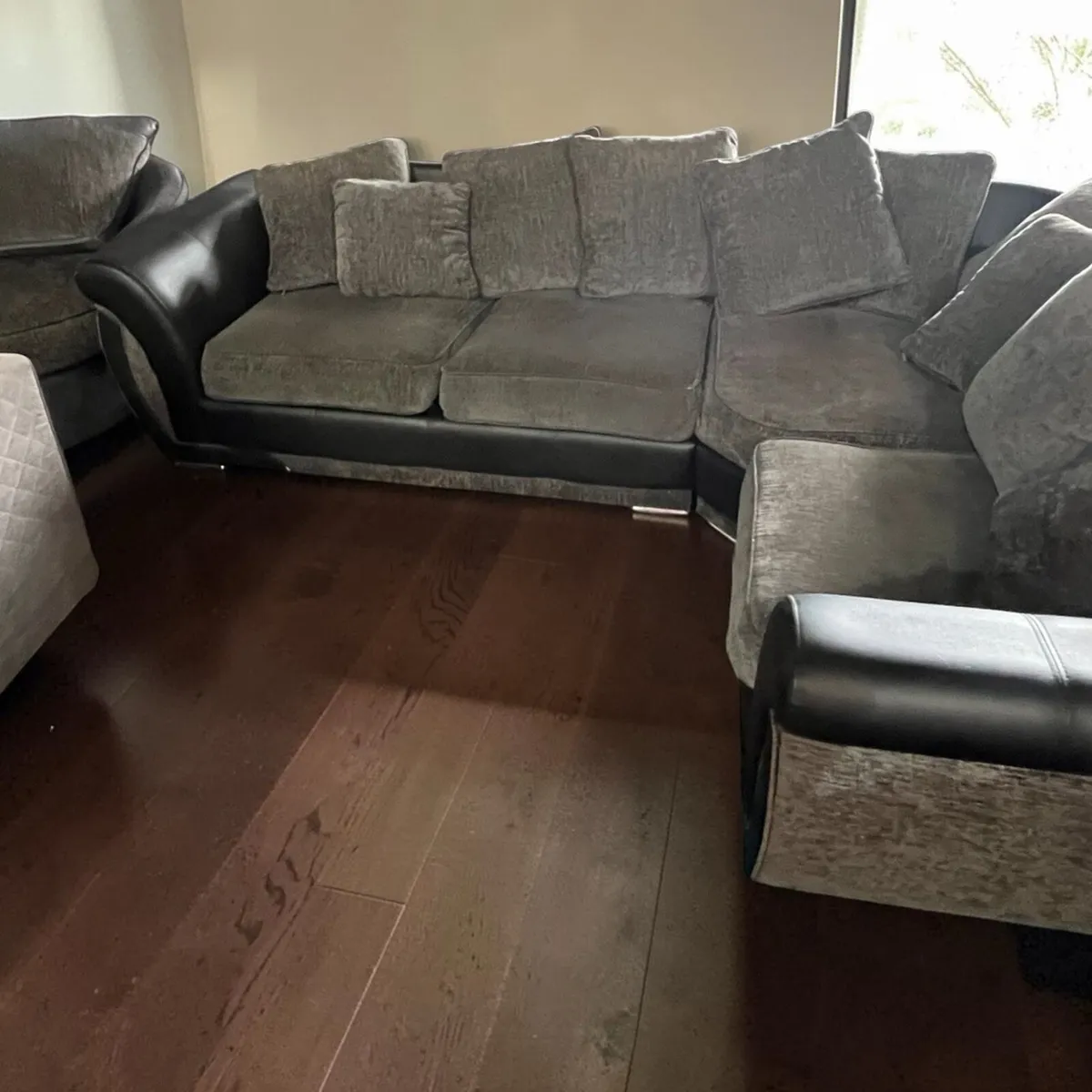 Black and grey corner sofa with matching footstool - Image 2