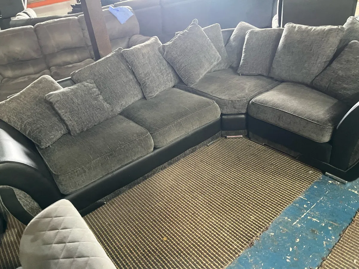 Black and grey corner sofa with matching footstool - Image 3
