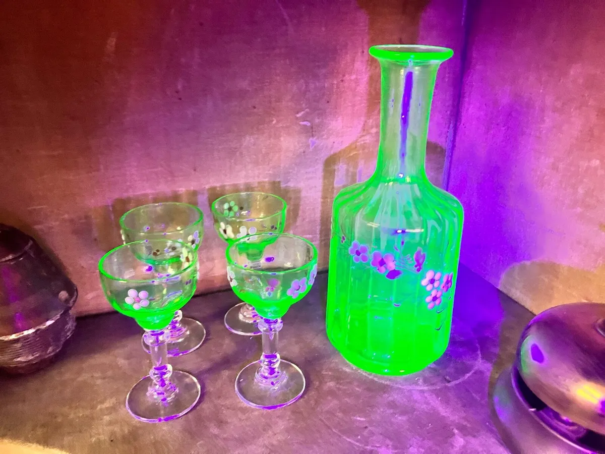 Vintage Uranium Glass Liqueur Decanter and Glasses