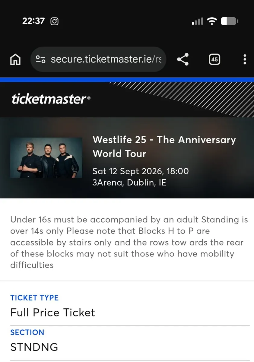 2 x Westlife tickets, Dublin, 12th Sept