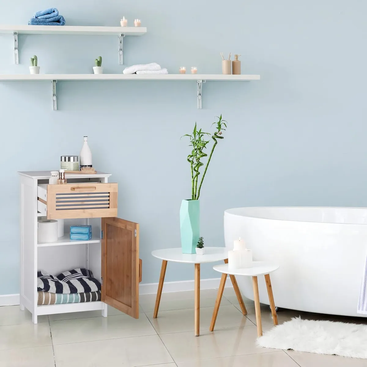 Narrow Bathroom Cabinet Drawer Natural Look - Image 2