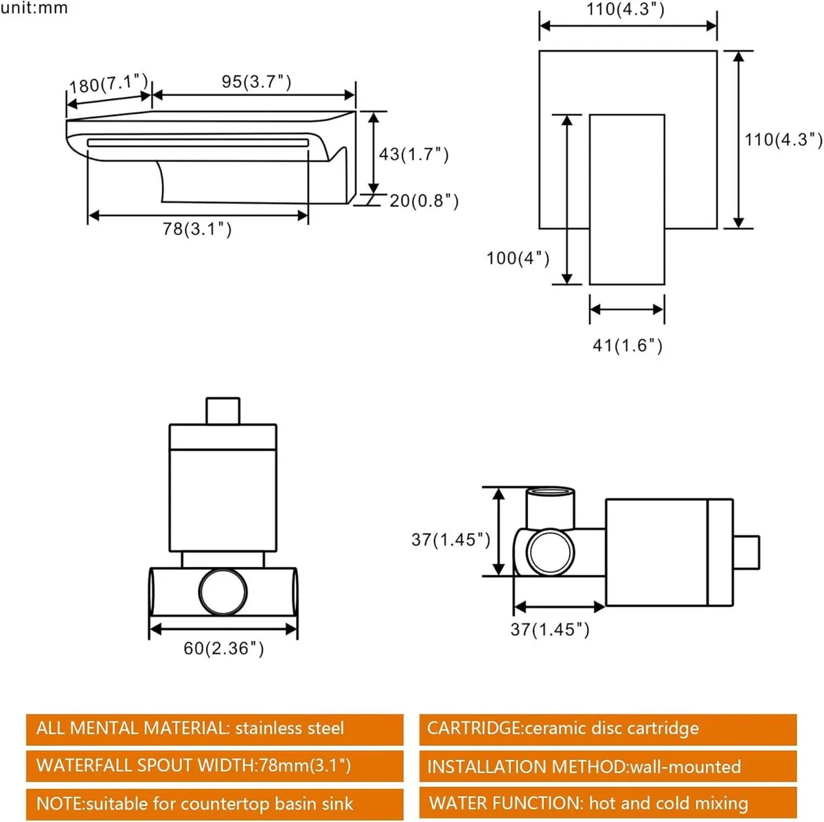 Matte Bath Taps Wall Mounted Waterfall Mixer Tap - Image 2