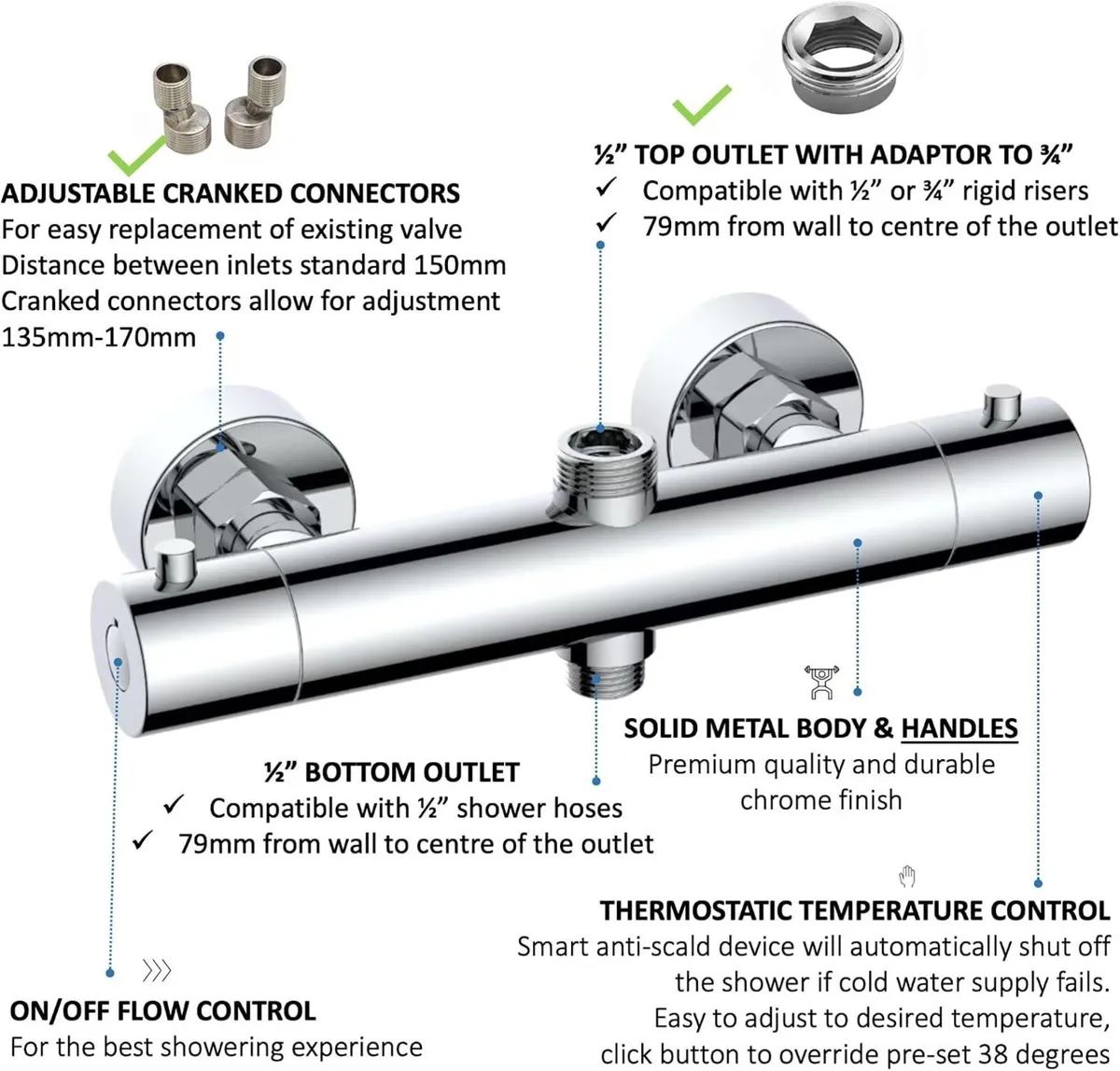 T33 Chrome Thermostatic Shower Mixer Bar Valve - Image 3