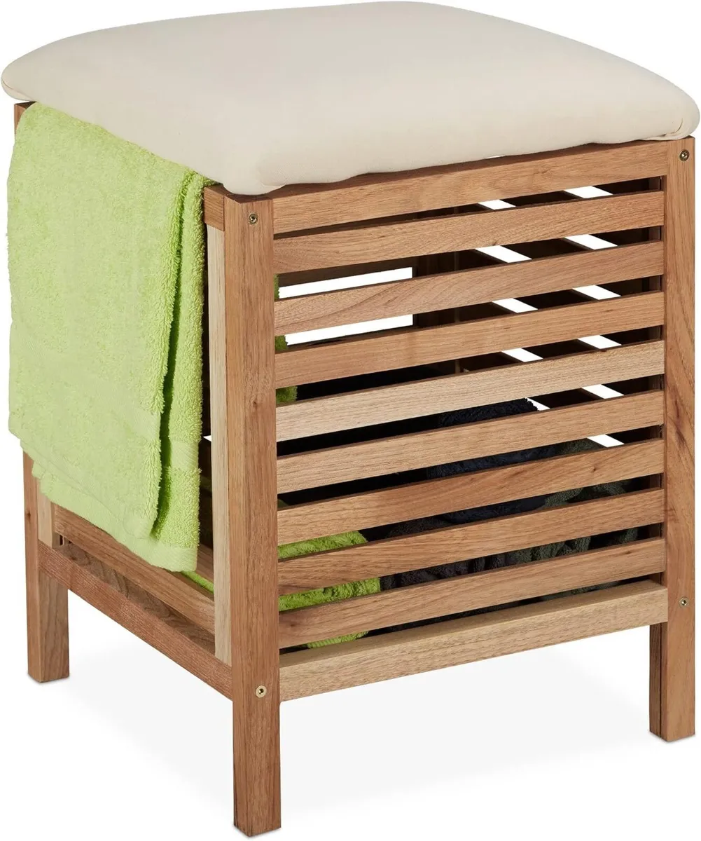 Storage Stool Walnut Fabric 35L Laundry Basket - Image 1