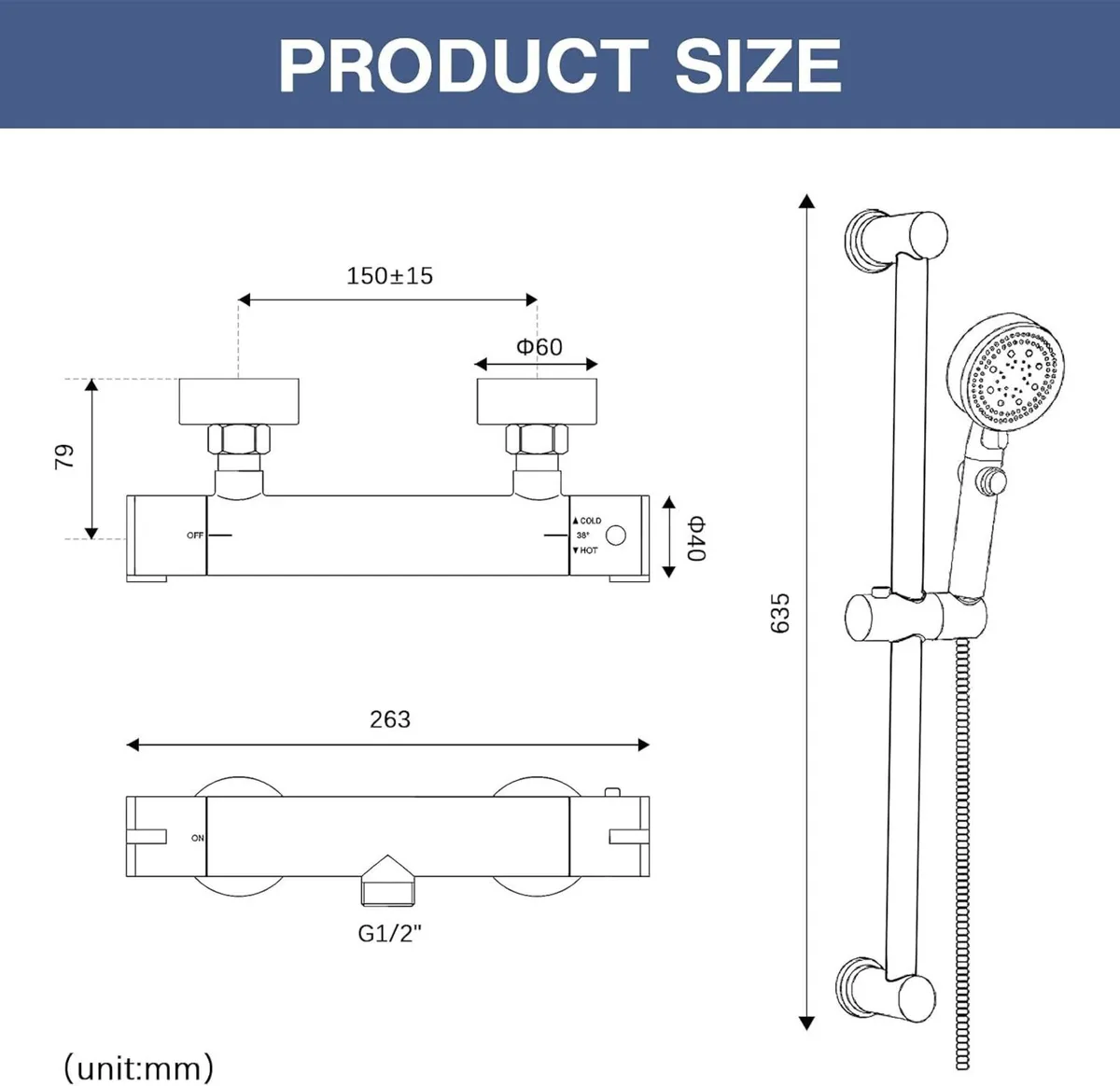 Thermostatic Shower Mixer Set Adjustable Riser - Image 3