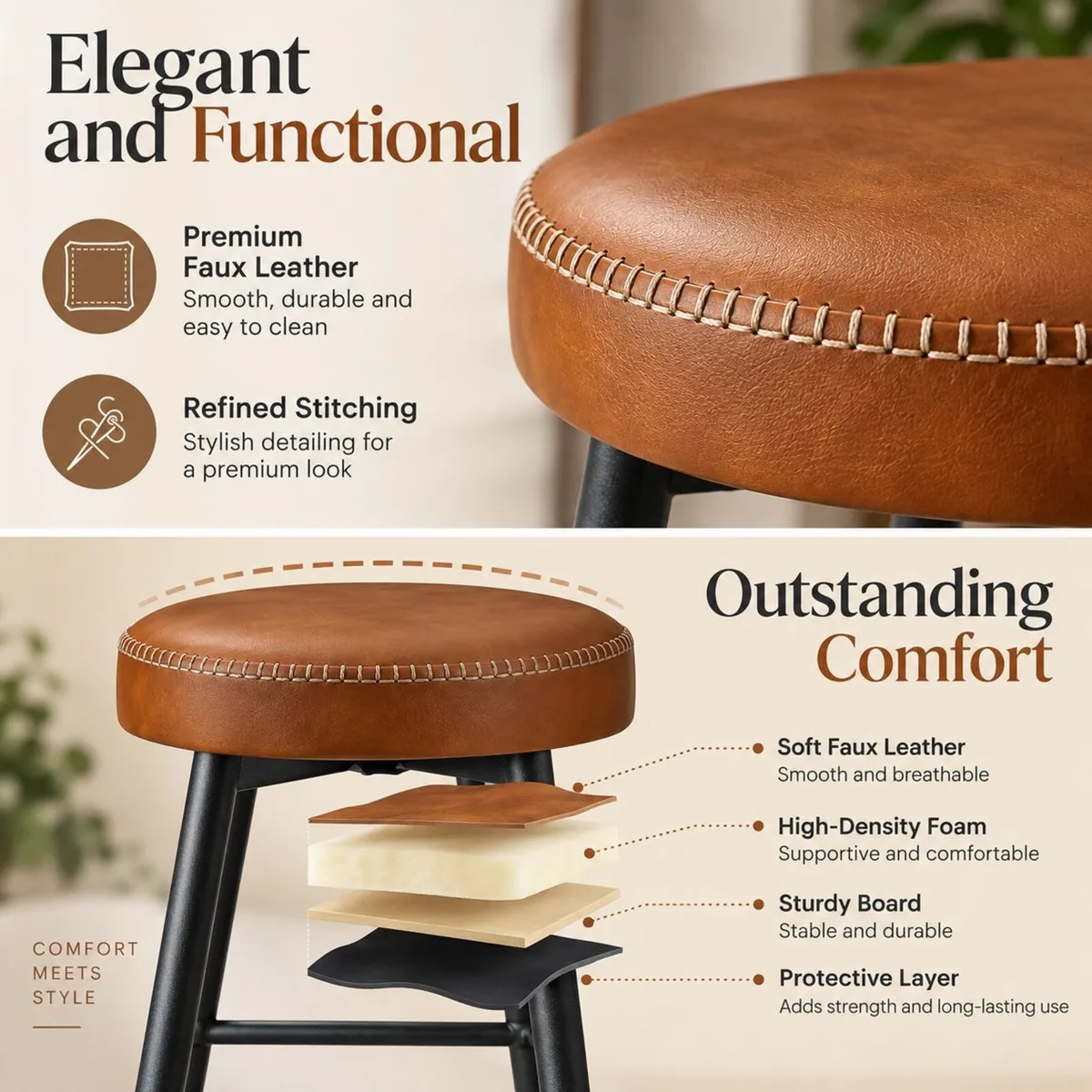 Set of 2 Swivel Bar Stools Brown Faux Leather & Bl - Image 2
