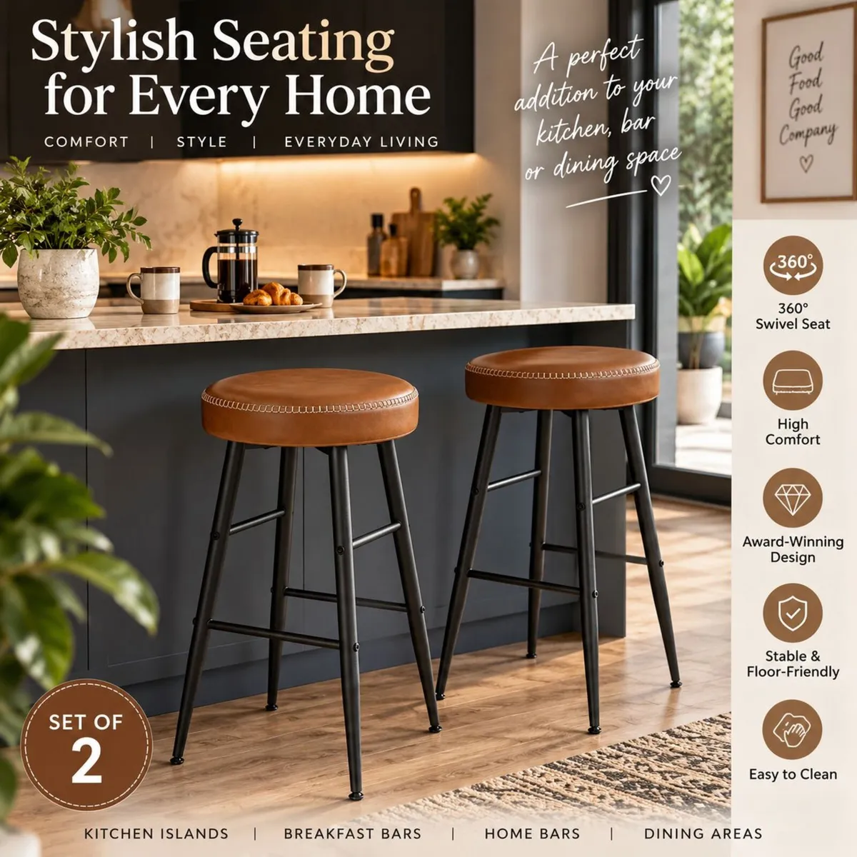 Set of 2 Swivel Bar Stools Brown Faux Leather & Bl - Image 1