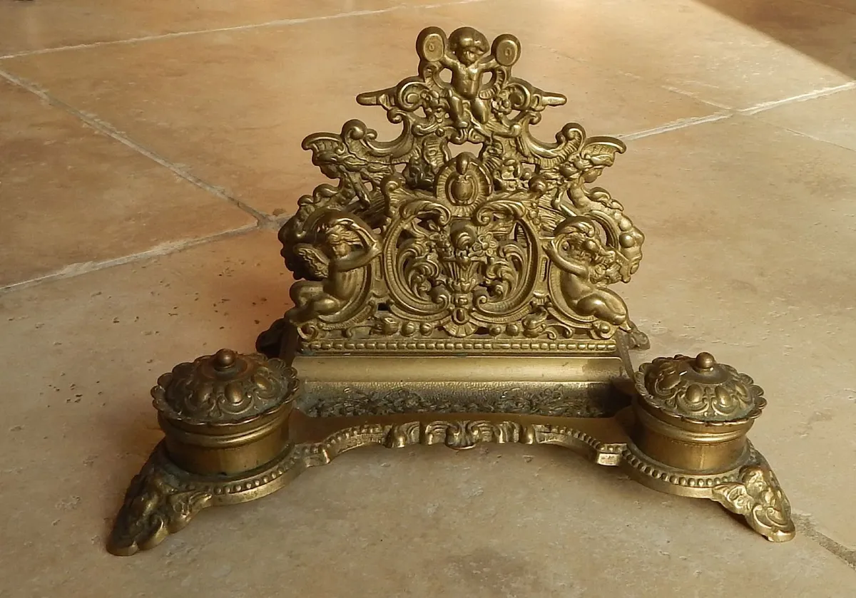 Vintage Ornate Brass Letter Rack & Double Inkwell - Image 1