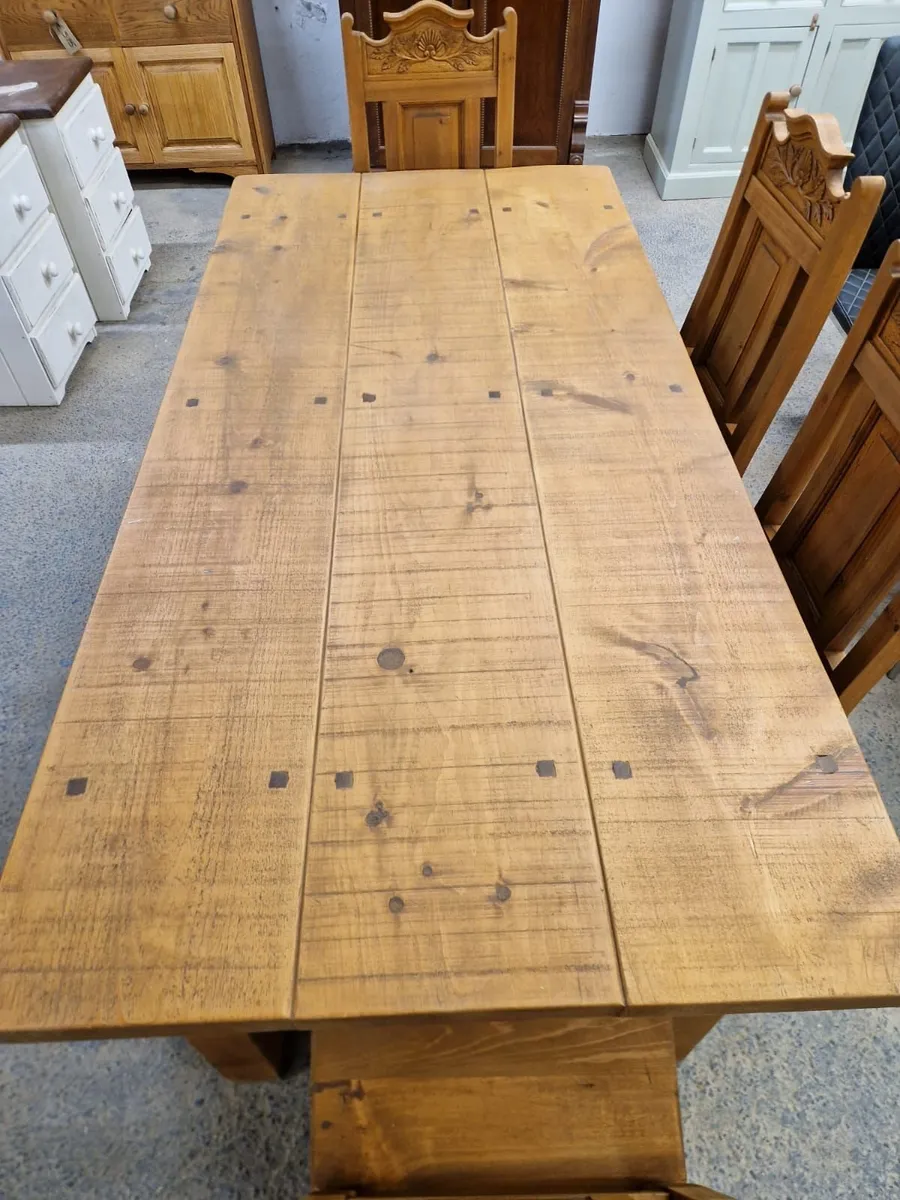 Vintage farmhouse table, 4 chairs, bench - Image 2