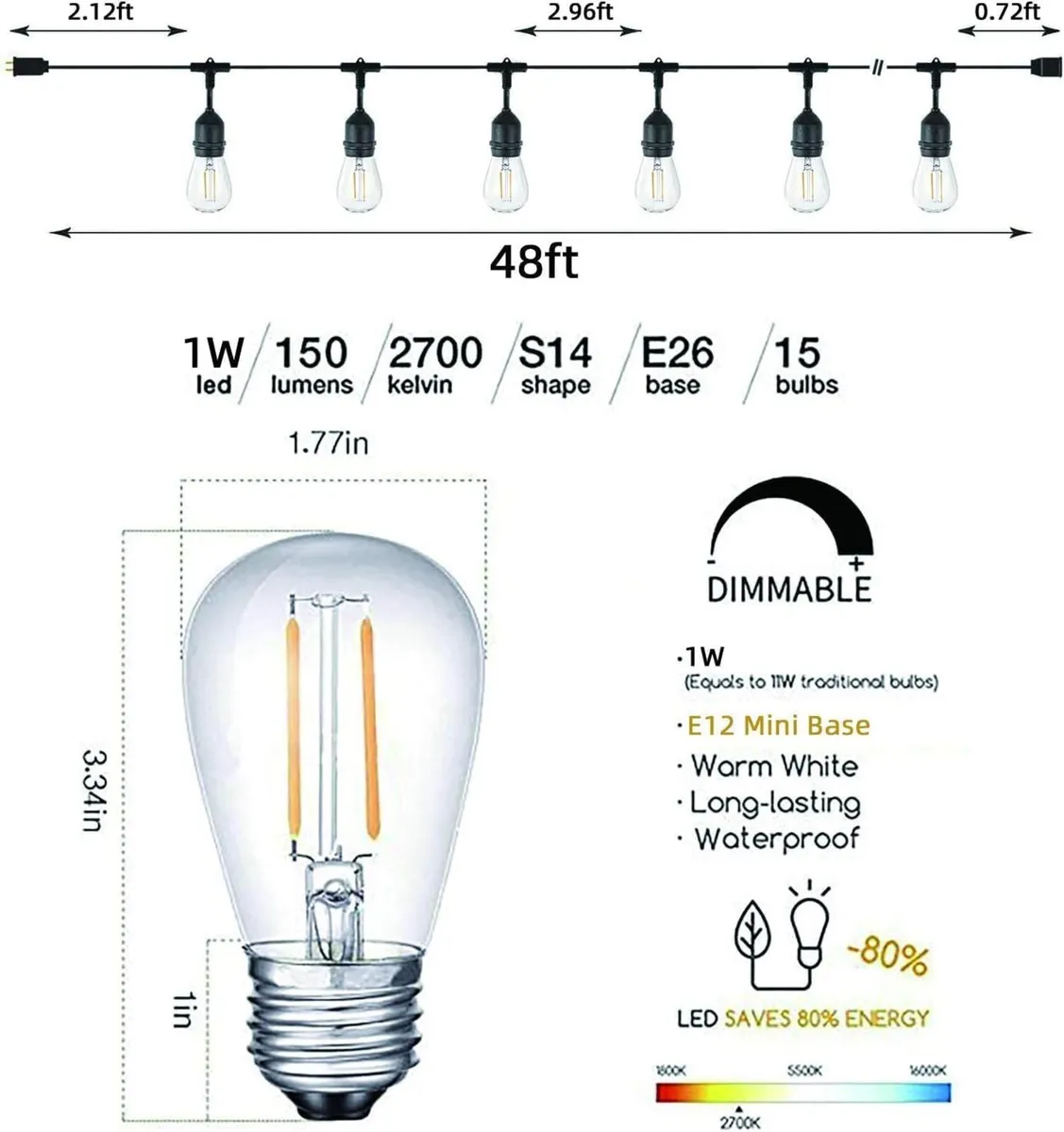 Outdoor String Lights LED 15m S14 48FT Festoon - Image 2