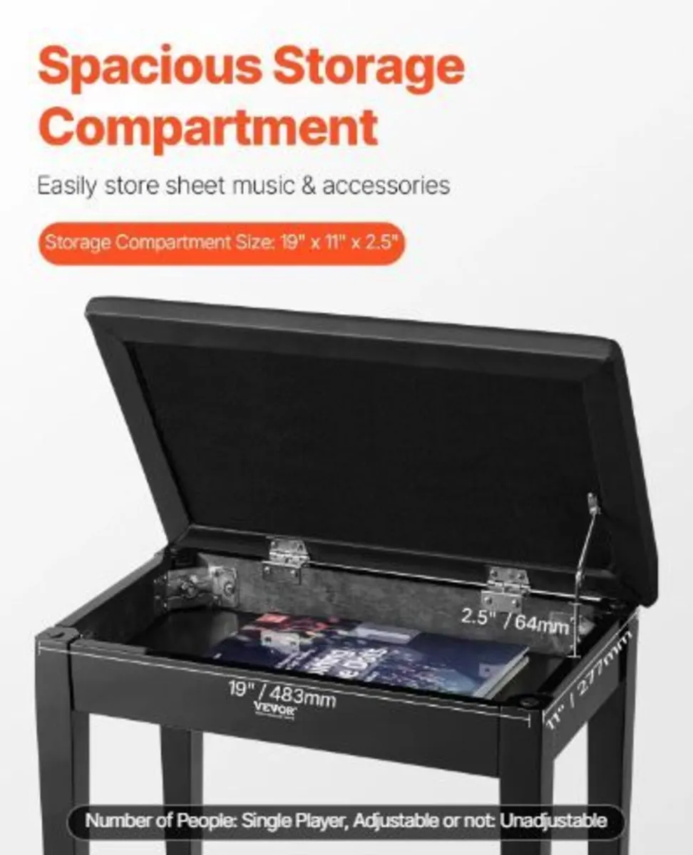 Piano Keyboard Bench Storage Padded Seat - Image 4