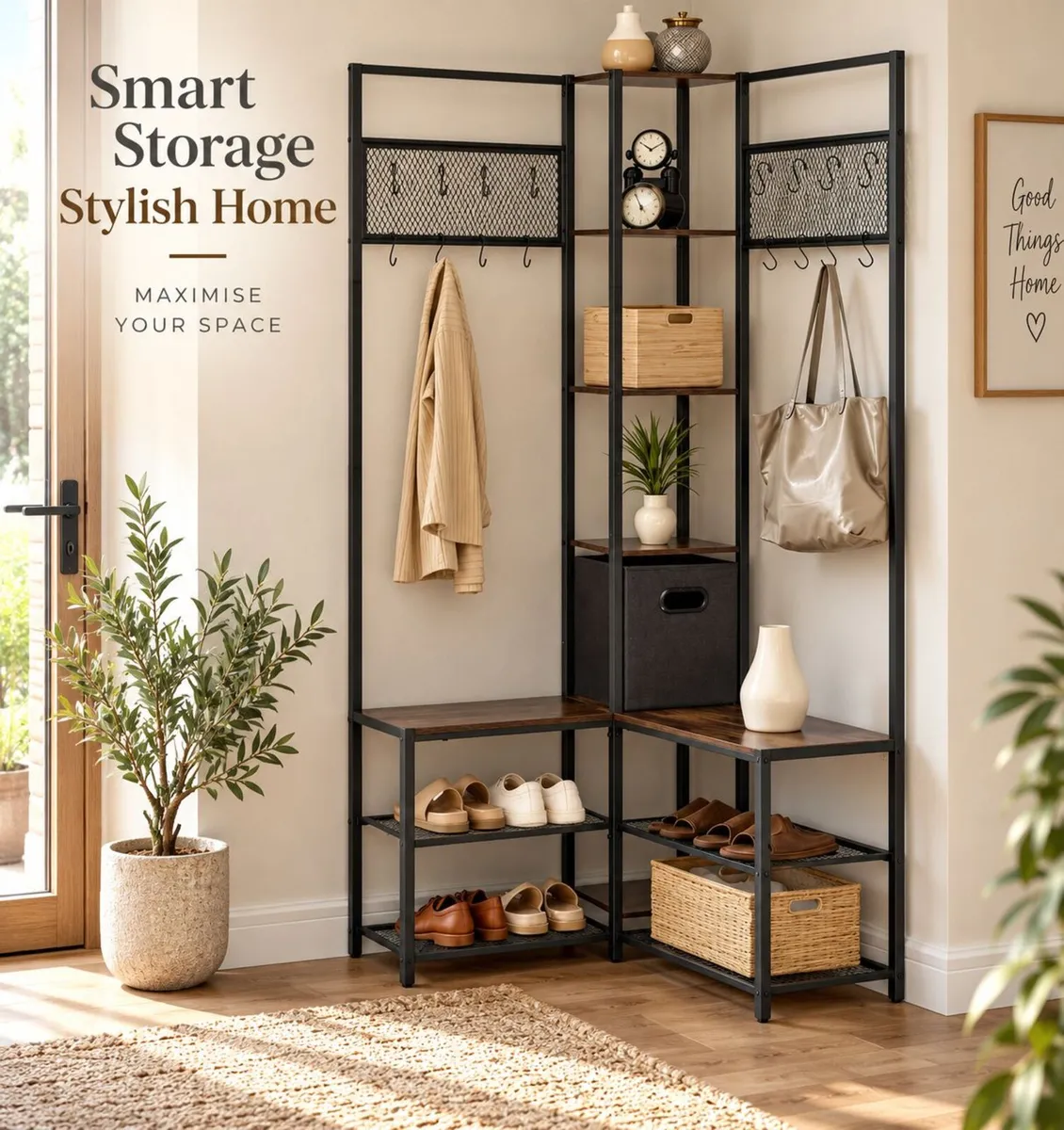 Corner Coat Rack with Shoe Bench, Hooks & Storage - Image 1