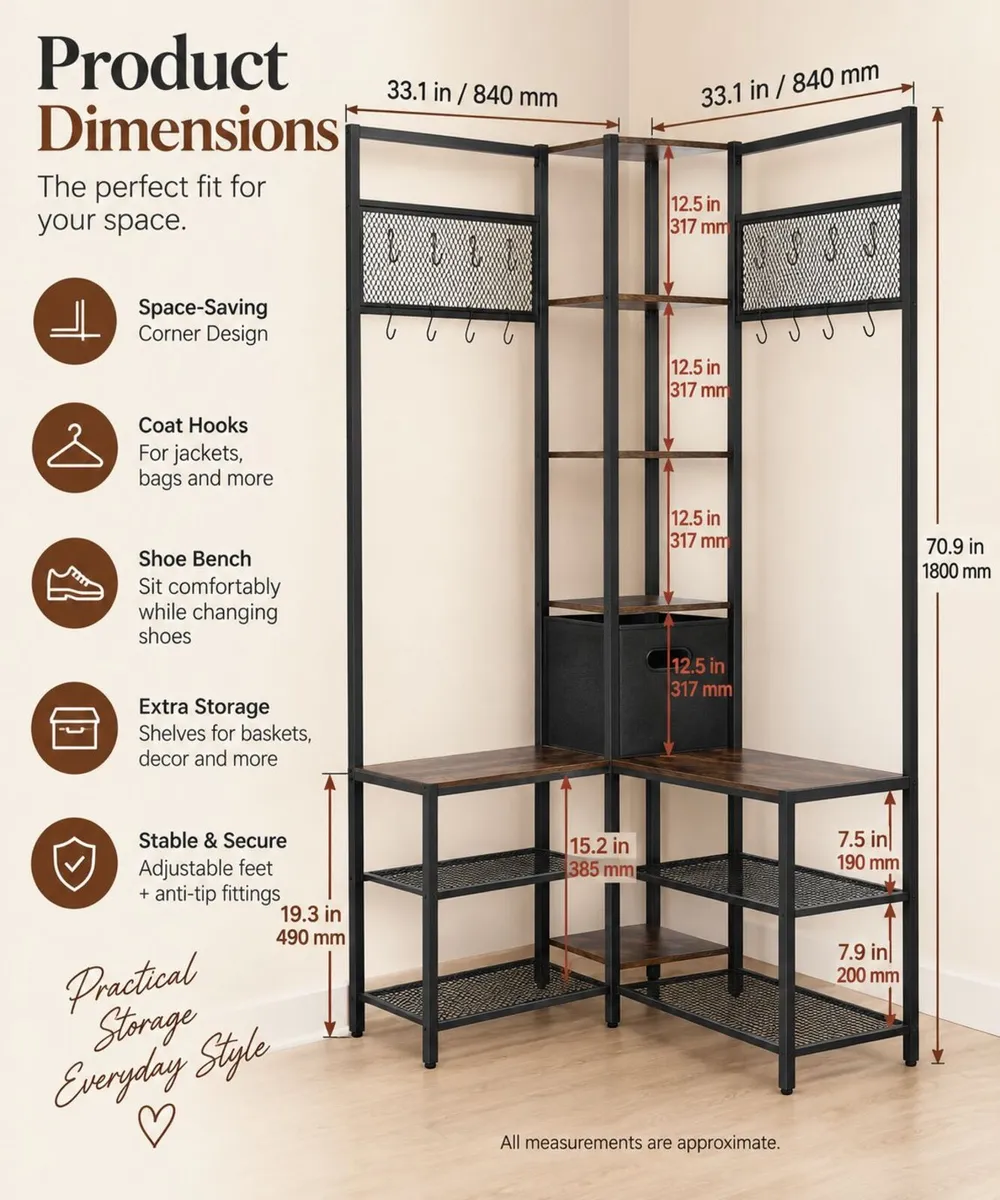Corner Coat Rack with Shoe Bench, Hooks & Storage - Image 2