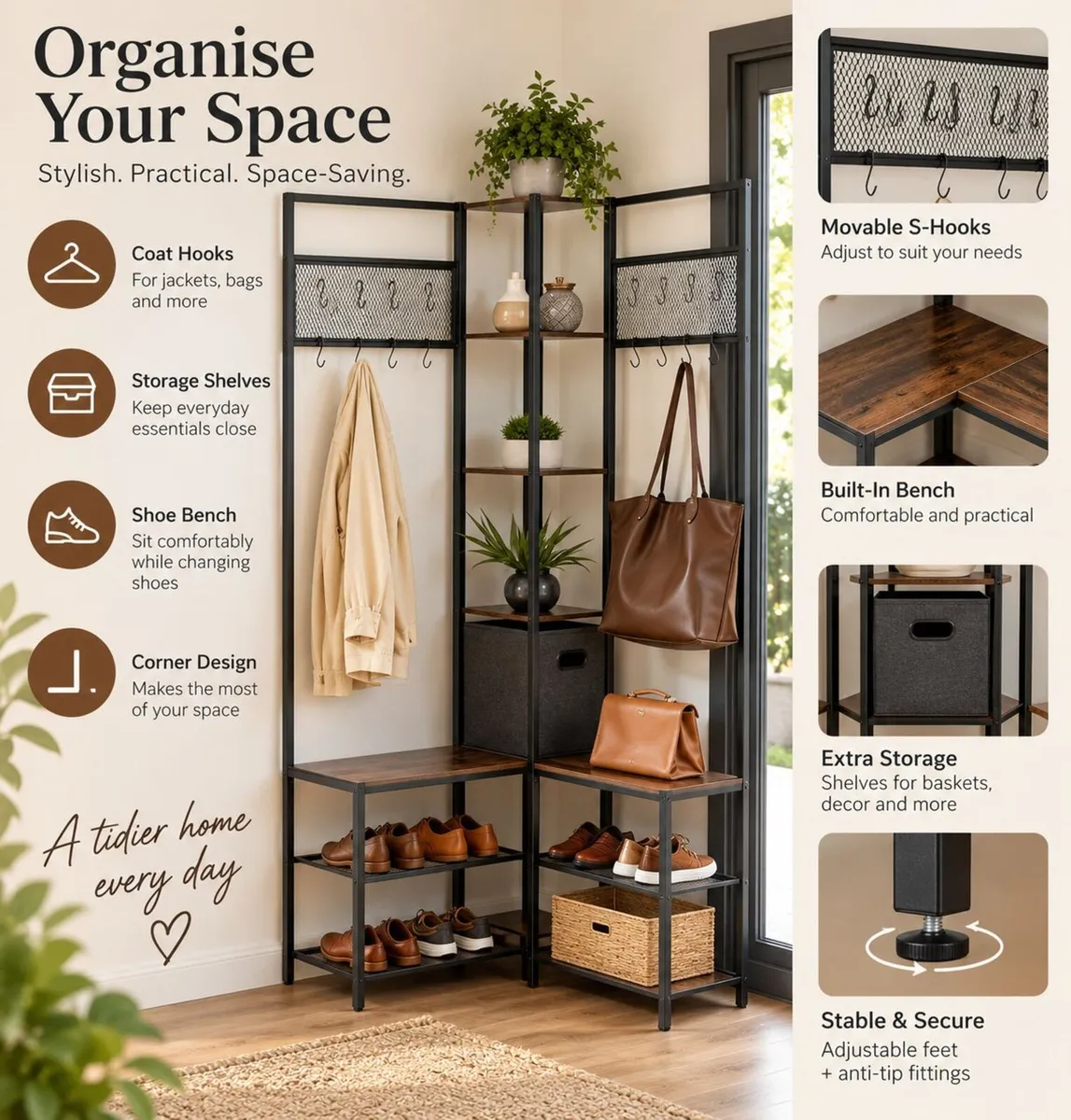 Corner Coat Rack with Shoe Bench, Hooks & Storage - Image 3
