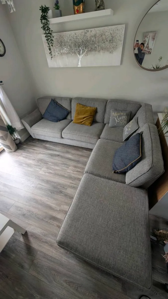 Gray fabric corner chase sofa with footstool - Image 1