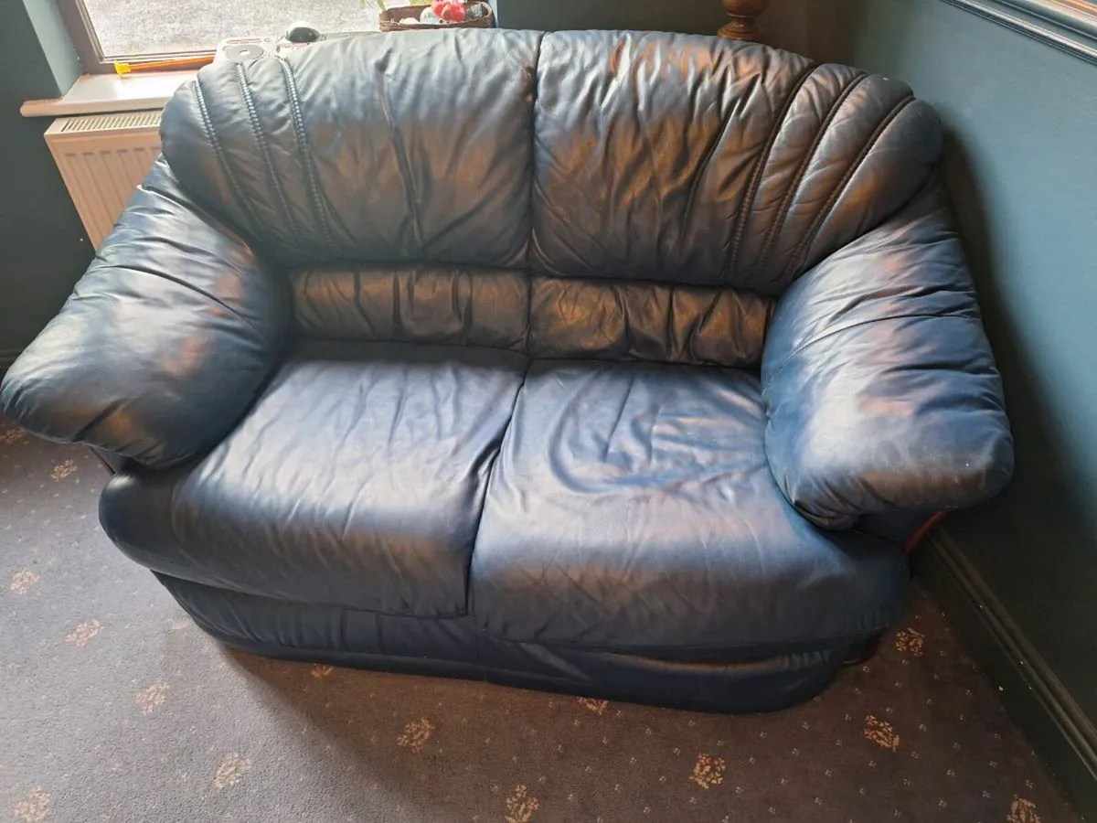 Blue-Navy Leather 2-Seater Sofa & Armchair Set - Image 1