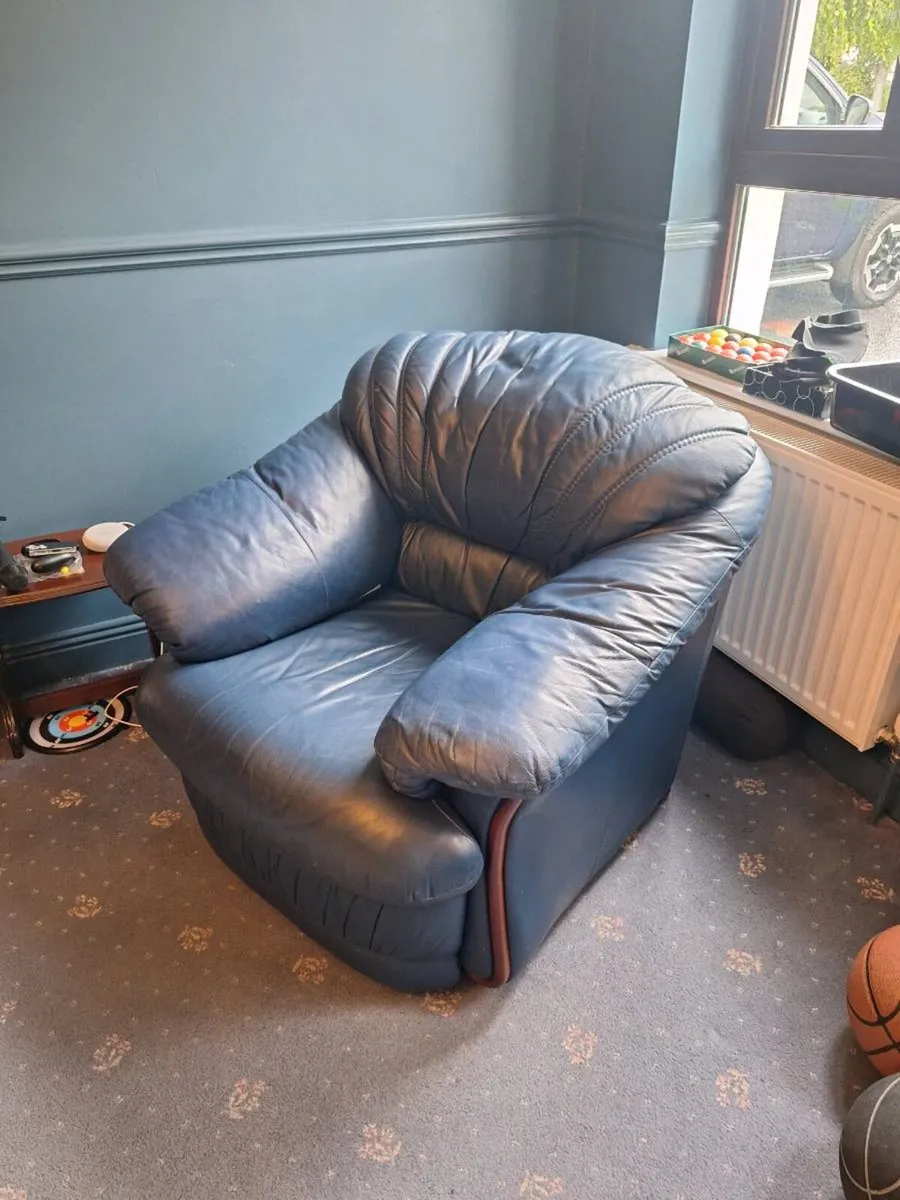 Blue-Navy Leather 2-Seater Sofa & Armchair Set - Image 2