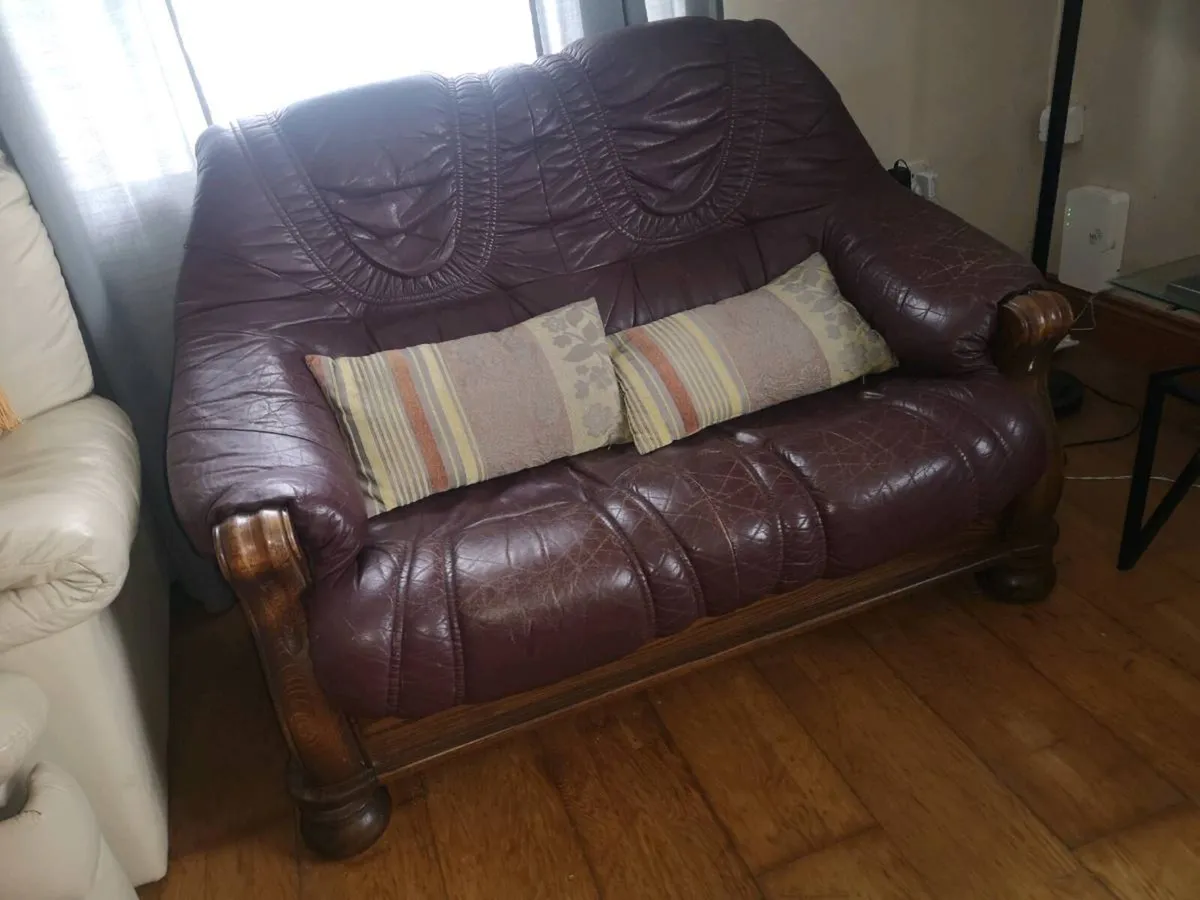 Genuine Leather& Oak Burgundy Suite (3 + 2 Seater) - Image 3