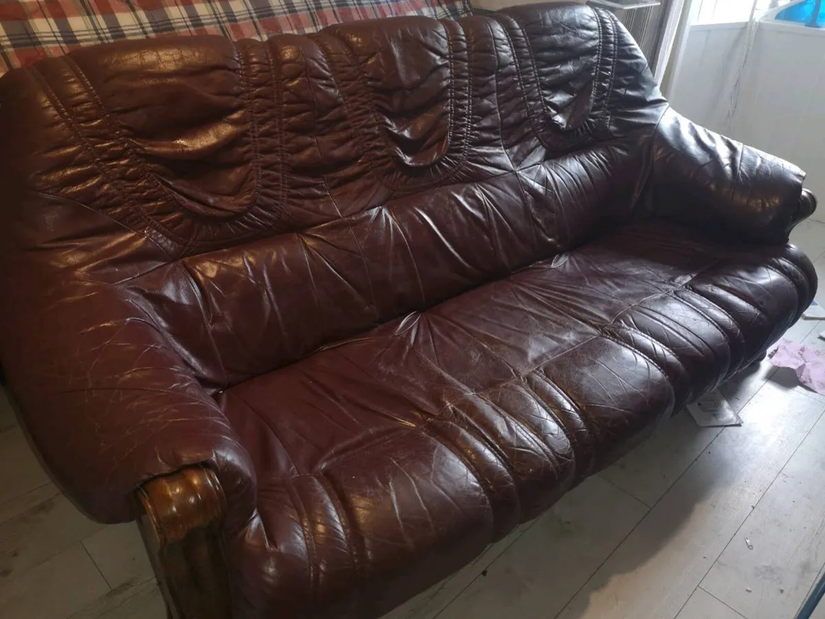 Genuine Leather& Oak Burgundy Suite (3 + 2 Seater) - Image 1