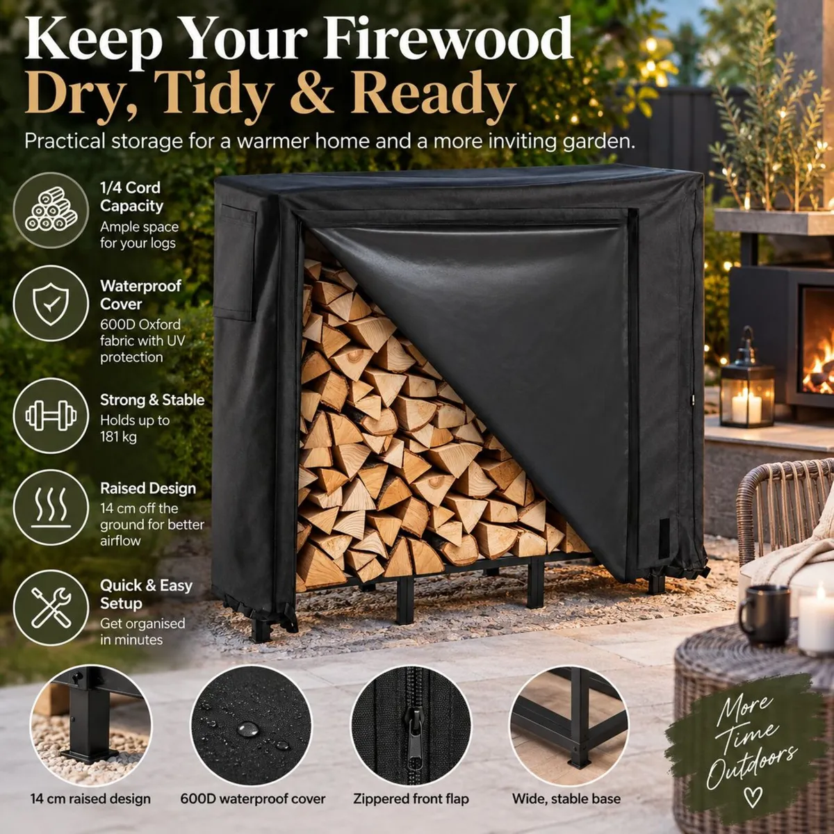 4ft Outdoor Firewood Log Rack with Waterproof Cove - Image 1