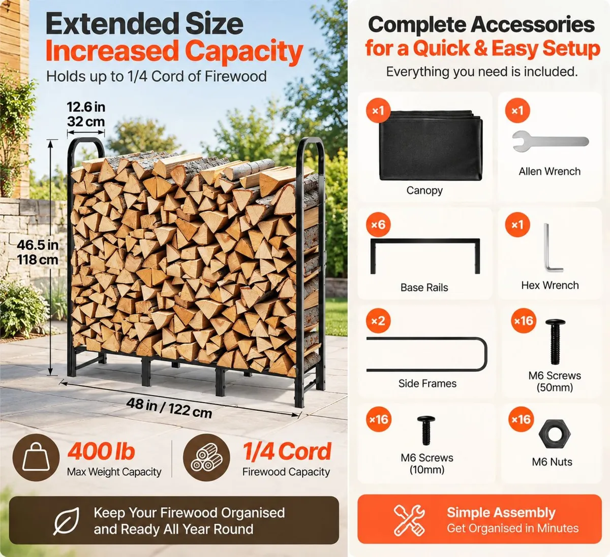 4ft Outdoor Firewood Log Rack with Waterproof Cove - Image 4