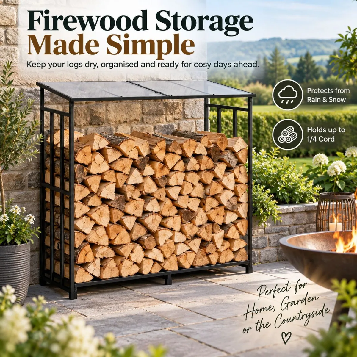Outdoor Firewood Log Rack with Sloped Roof 143cm, - Image 1