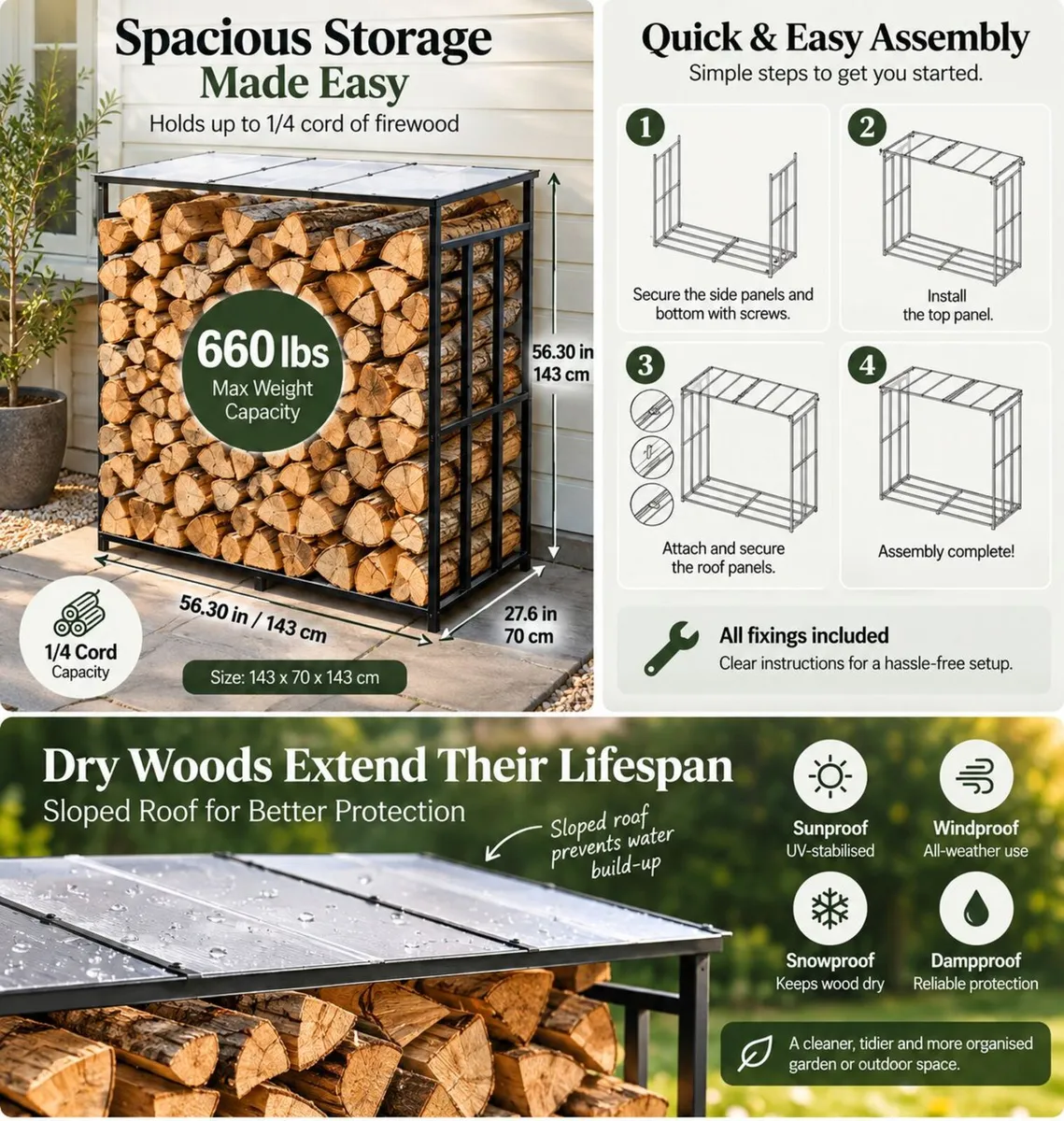 Outdoor Firewood Log Rack with Sloped Roof 143cm, - Image 3