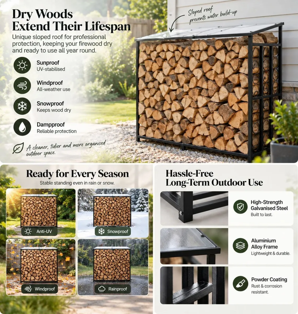 Outdoor Firewood Log Rack with Sloped Roof 143cm, - Image 2