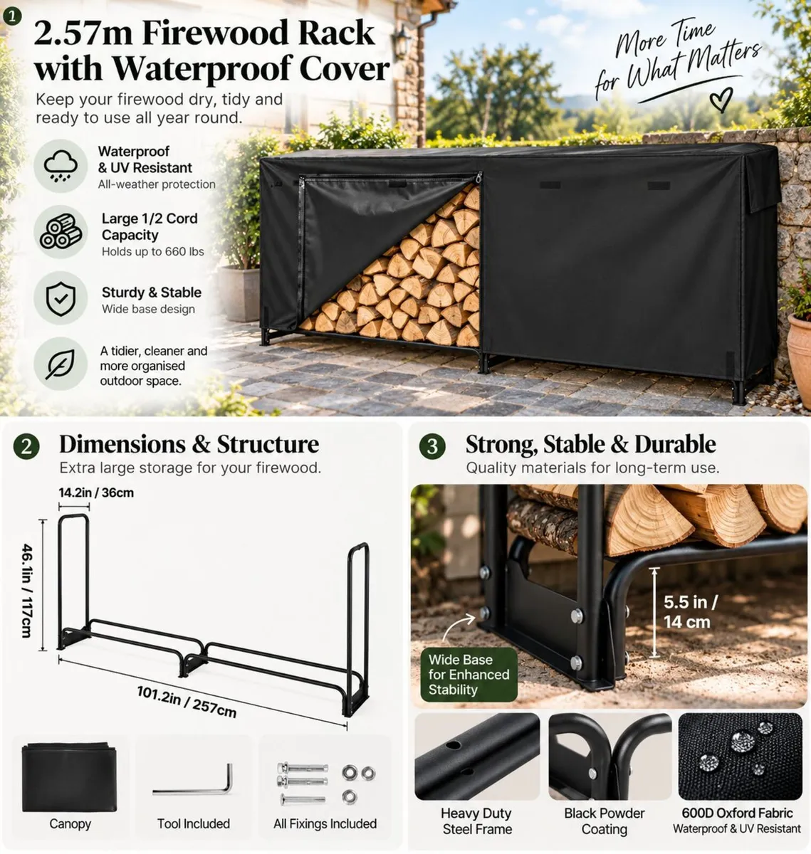 2.57m Outdoor Firewood Rack with Full Waterproof C - Image 2
