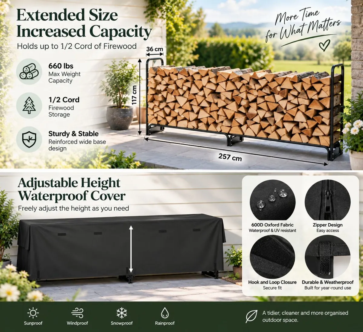 2.57m Outdoor Firewood Rack with Full Waterproof C - Image 3